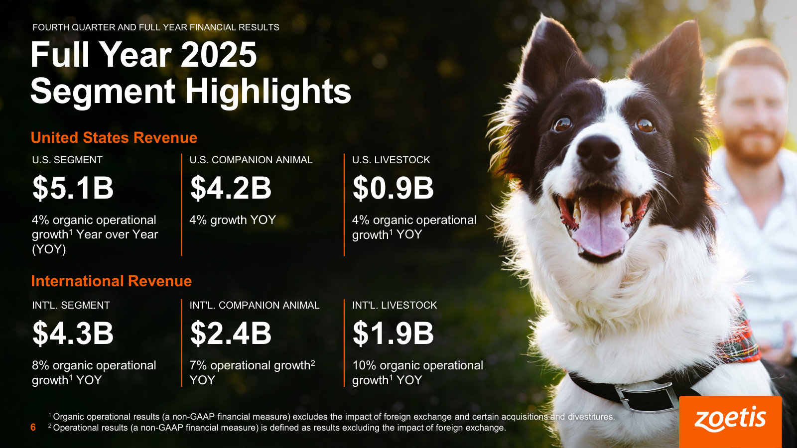How the business splits — U.S. versus international, companion animal versus livestock — with revenue for each of the four boxes.